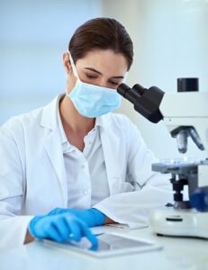 A female scientist with a microscope and tablet.