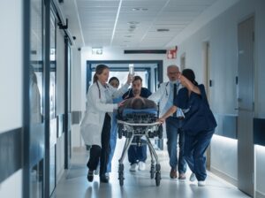 Emergency Care An emergency center triage rolling a patient on a medical bed into an emergency room